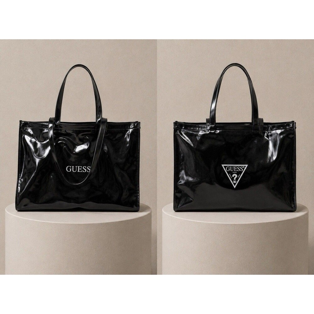 GUESS Black Glossy Tote Bag Large Shopper Shoulder Bag Minimalist